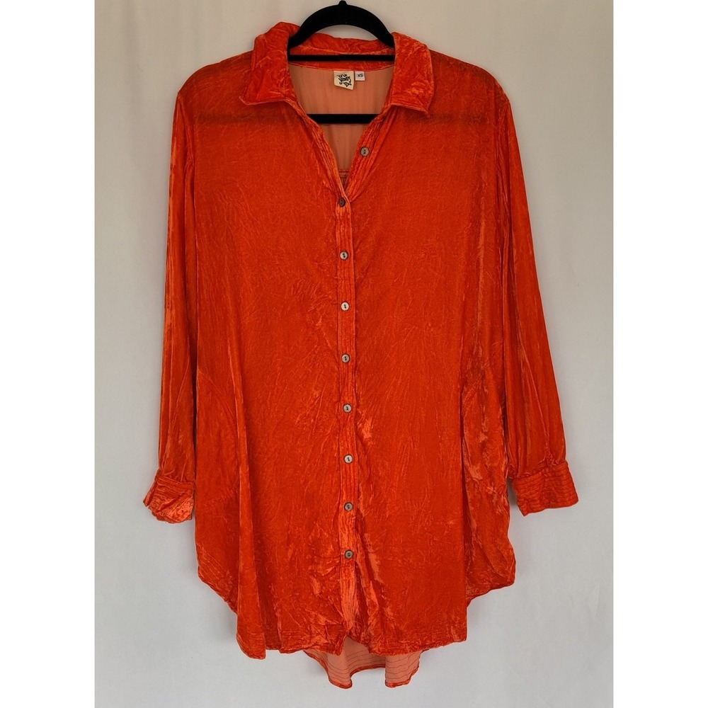 Ivy Jane Velvet Orange Burnt Out Long SLeeve‎ Tunic Top XS Button Up Oversized - Picture 2 of 8